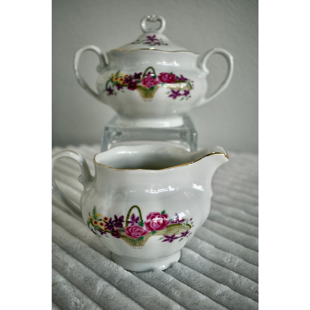 Vintage Favolina Flowers In Baskets Pattern Sugar Bowl & Creamer Made in Poland